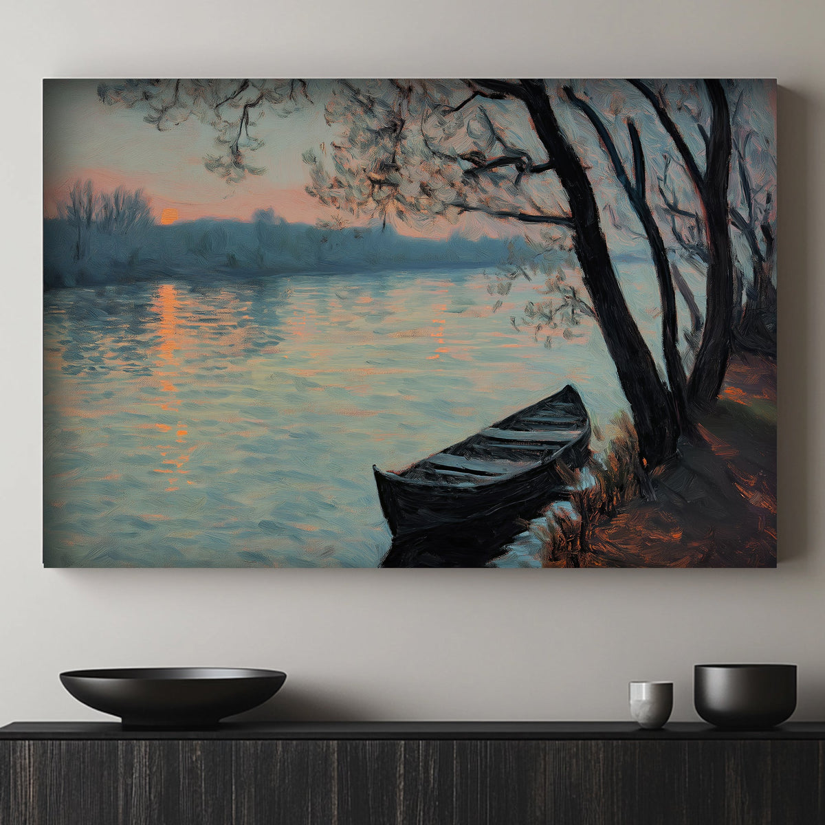 Impressionist wall art print with a boat on a serene river at twilight
