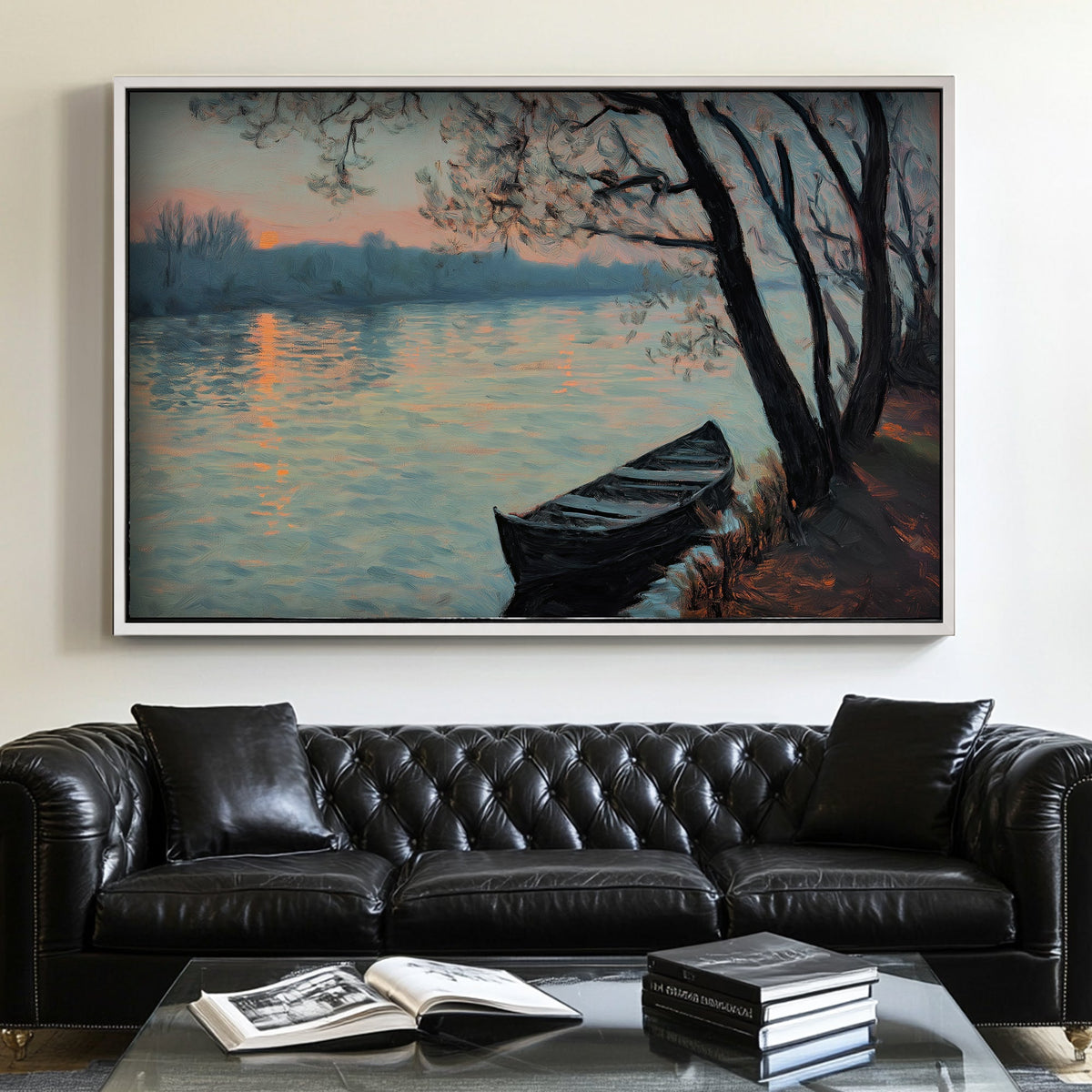 Impressionist wall art print with a boat on a serene river at twilight