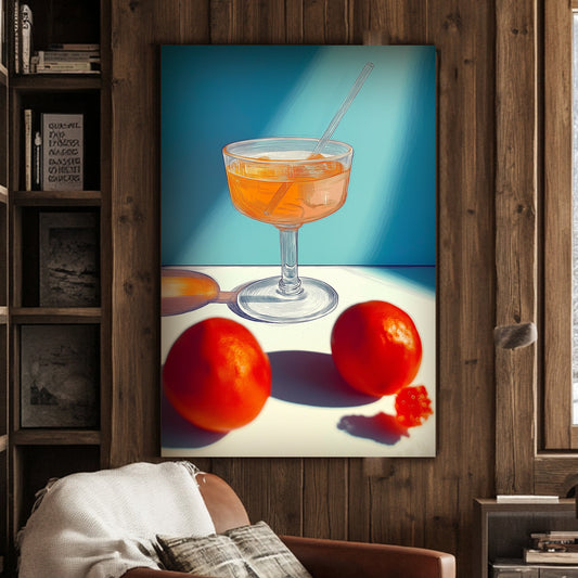 Colourful wall art print of a cocktail glass with orange beverage and oranges