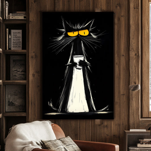 Expressive black and white cat with an intense stare, sipping coffee in a moody art print