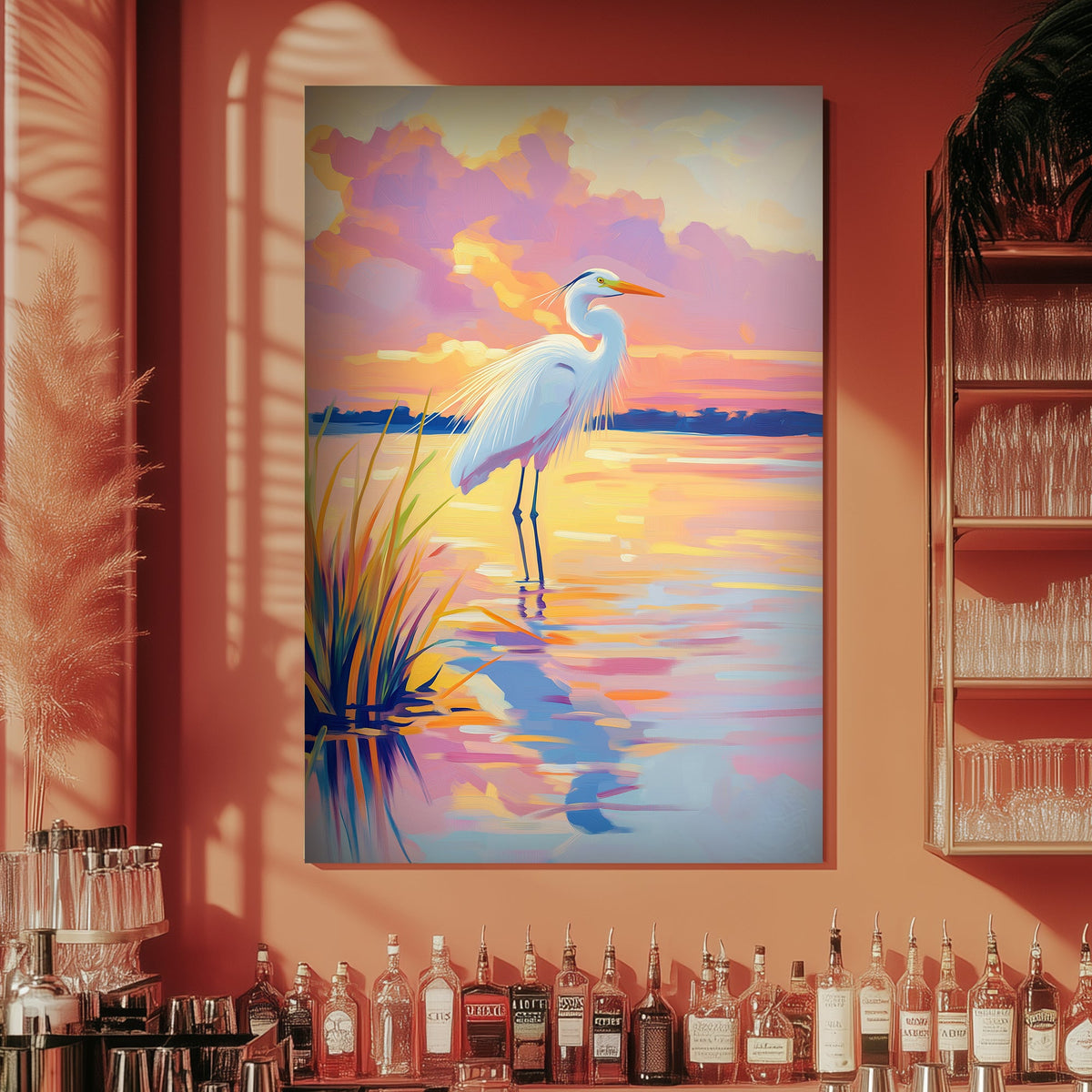 Minimalist nature-inspired wall art of a heron gazing across a vibrant sunset-lit lake