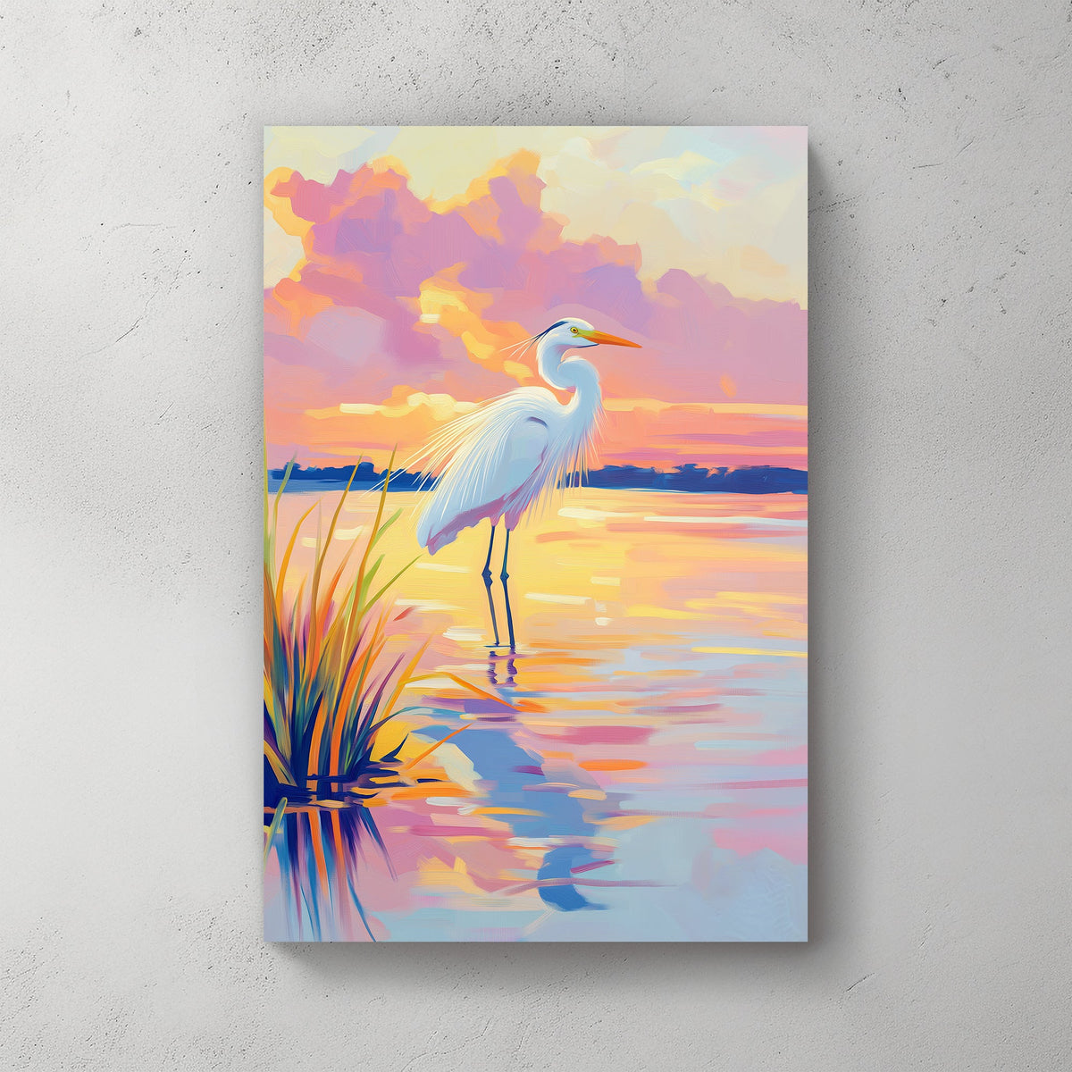 Minimalist nature-inspired wall art of a heron gazing across a vibrant sunset-lit lake