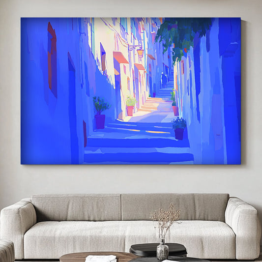 A dwall art print of a sunlit alleyway with Mediterranean-inspired colours