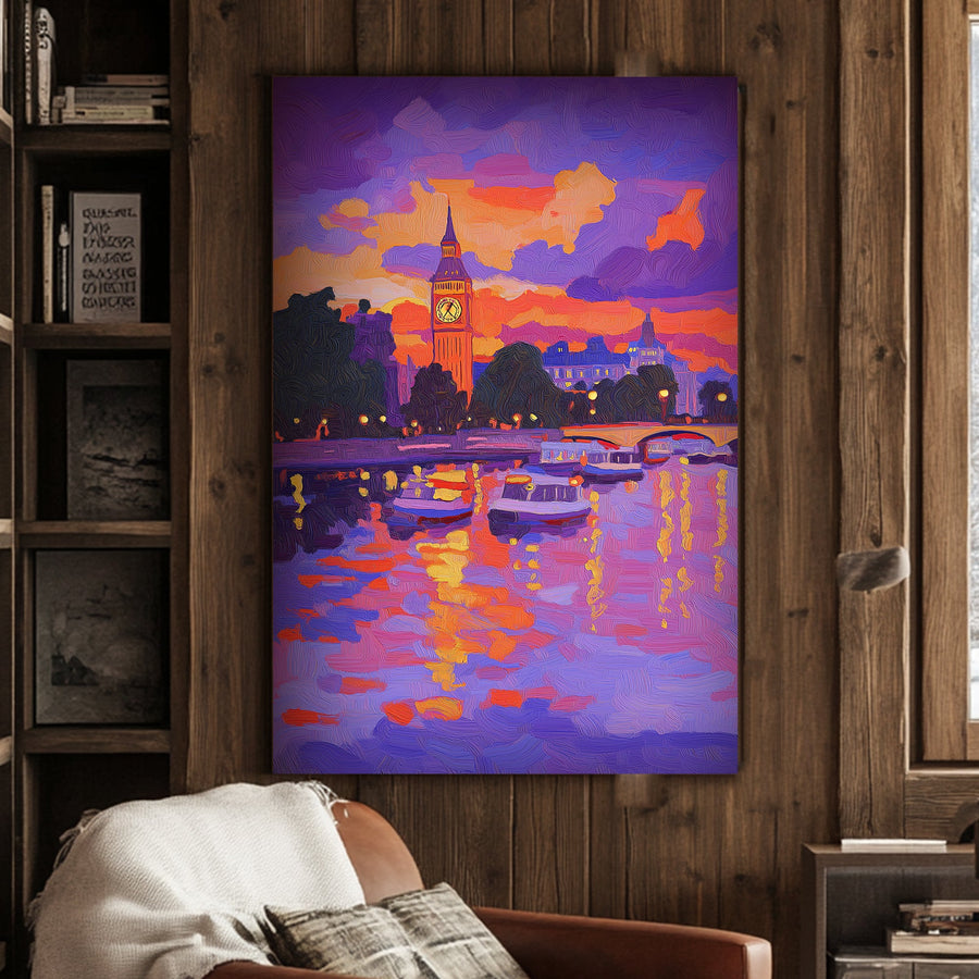 A colourful impressionist wall art print of Big Ben and Westminster at dusk