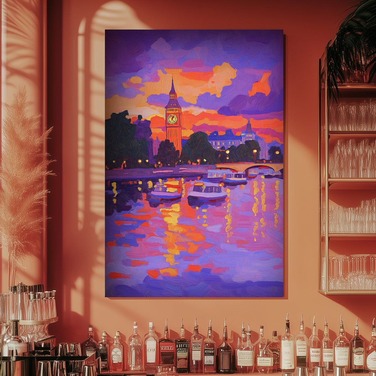 A colourful impressionist wall art print of Big Ben and Westminster at dusk