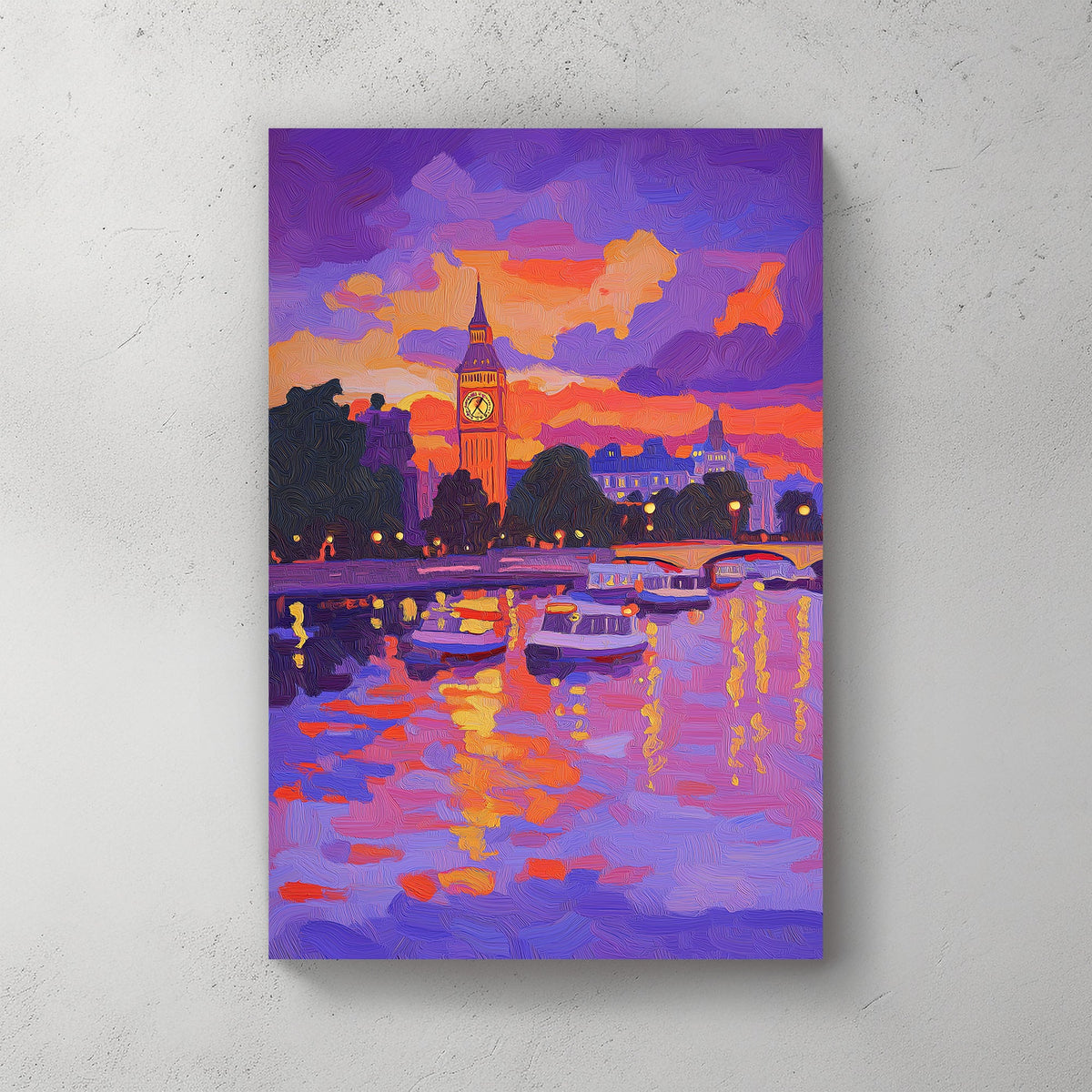 A colourful impressionist wall art print of Big Ben and Westminster at dusk
