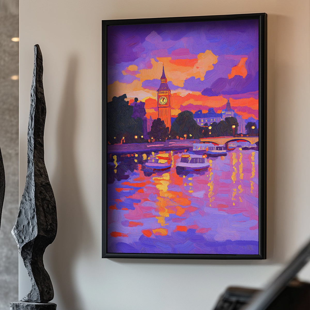 A colourful impressionist wall art print of Big Ben and Westminster at dusk