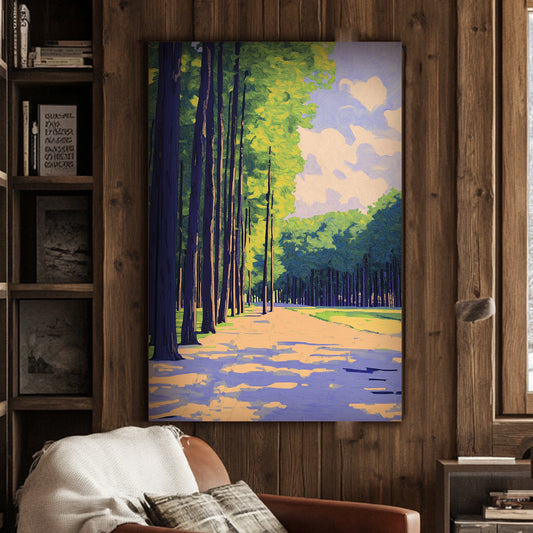 Impressionist wall art print of a sun-dappled forest, where towering trees frame a quiet road