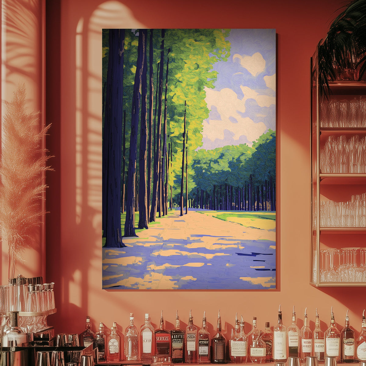 Impressionist wall art print of a sun-dappled forest, where towering trees frame a quiet road