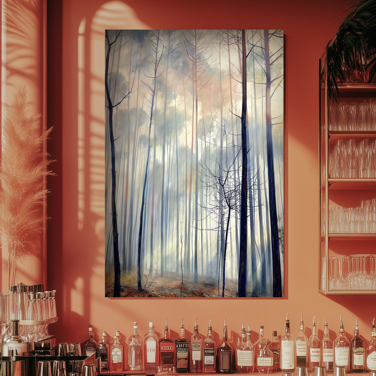 Minimalist-style wall art print of a tranquil woodland