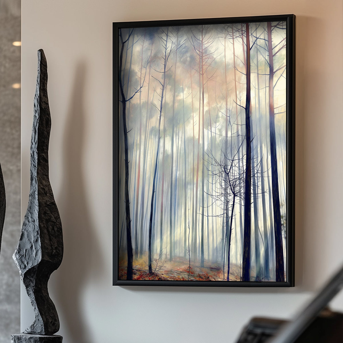 Minimalist-style wall art print of a tranquil woodland