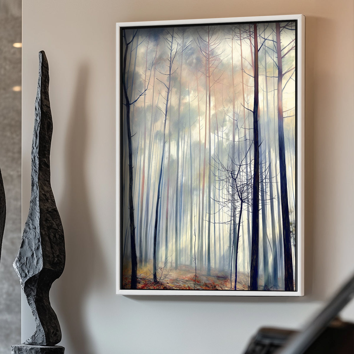 Minimalist-style wall art print of a tranquil woodland