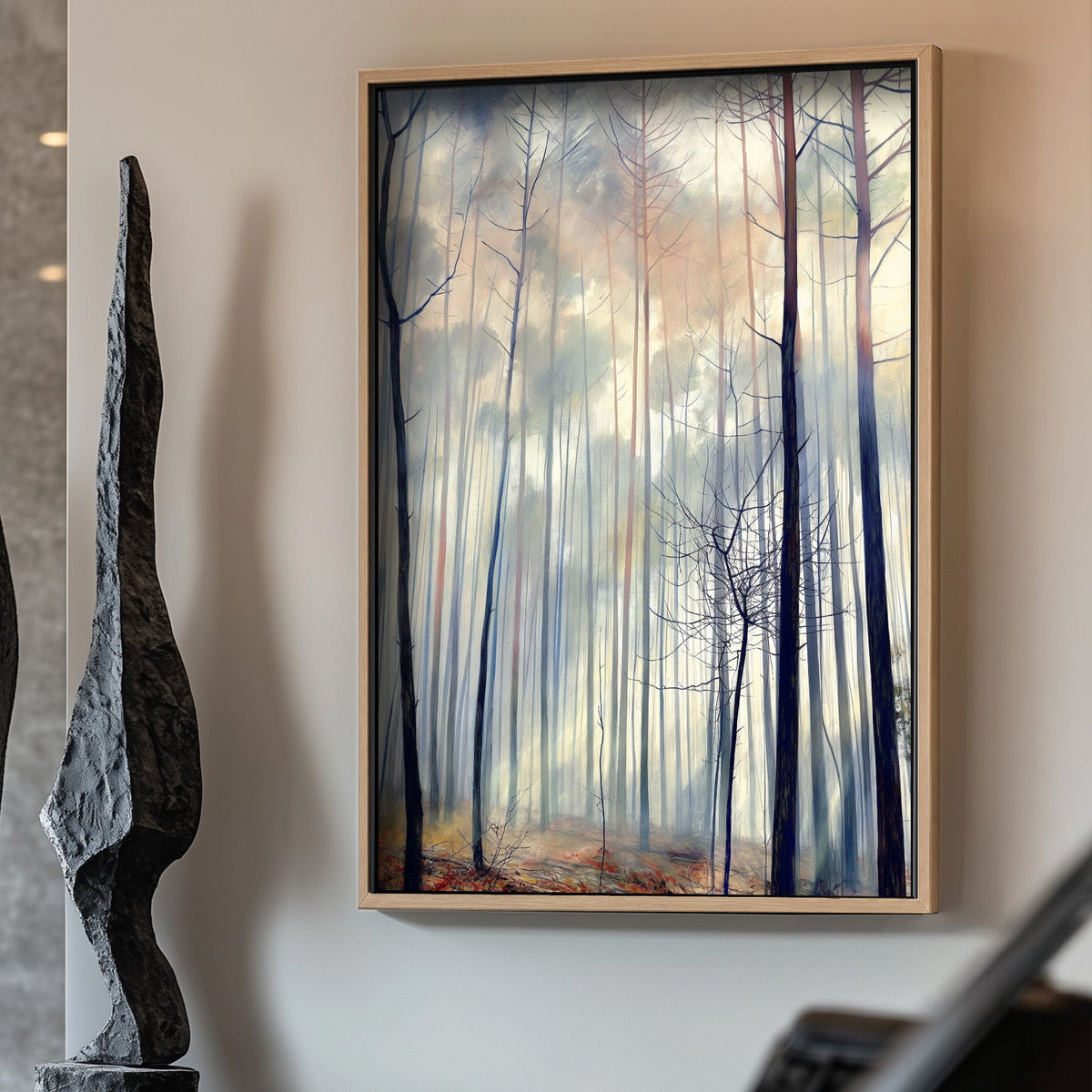 Minimalist-style wall art print of a tranquil woodland