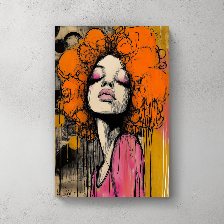 Urban pop wall art depiction of a stylish woman with exaggerated curls