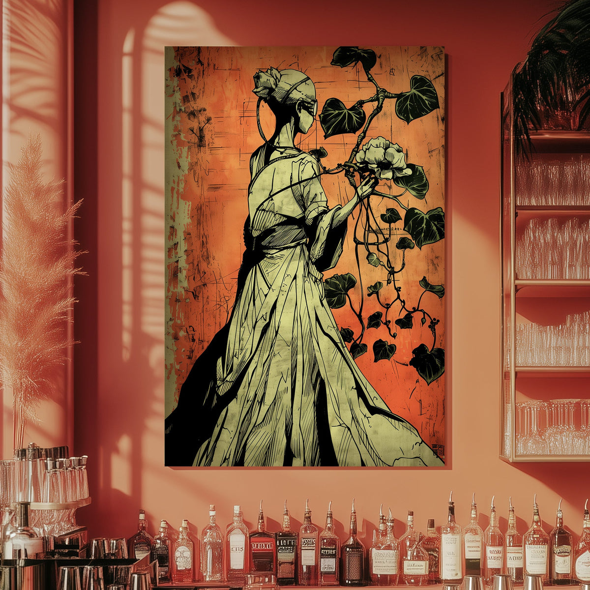 Lady and leaves wall art decor