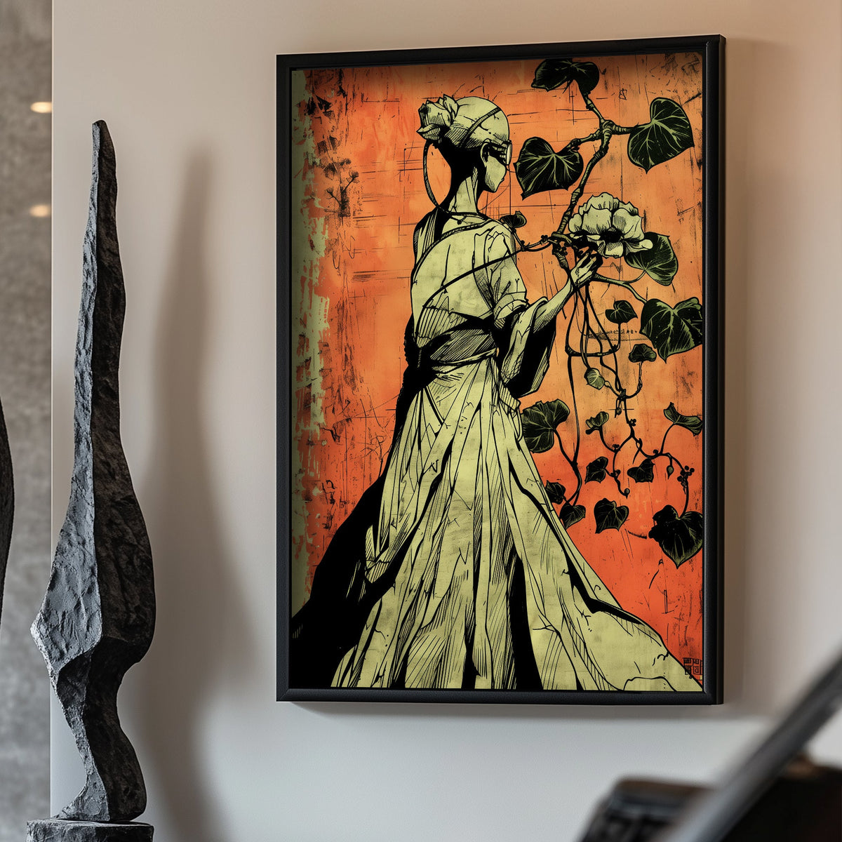 Lady and leaves wall art decor
