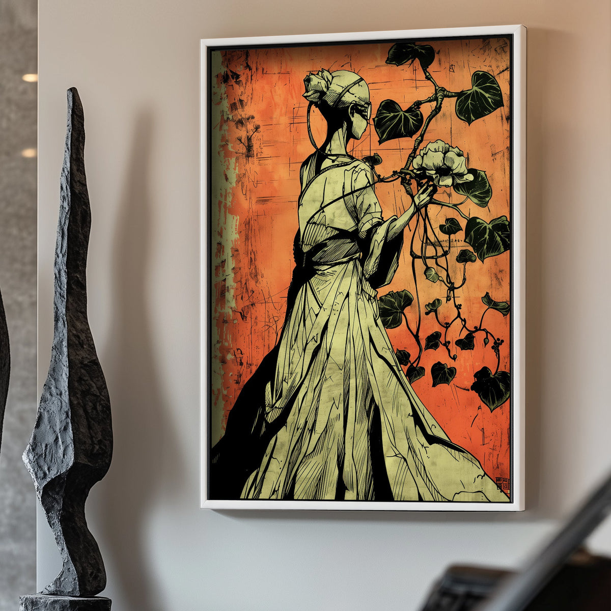 Lady and leaves wall art decor