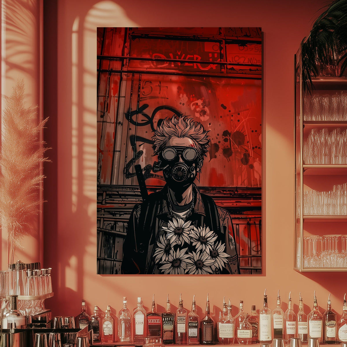 Dystopian street-art-inspired wall art of a figure in a gas mask holding a bouquet