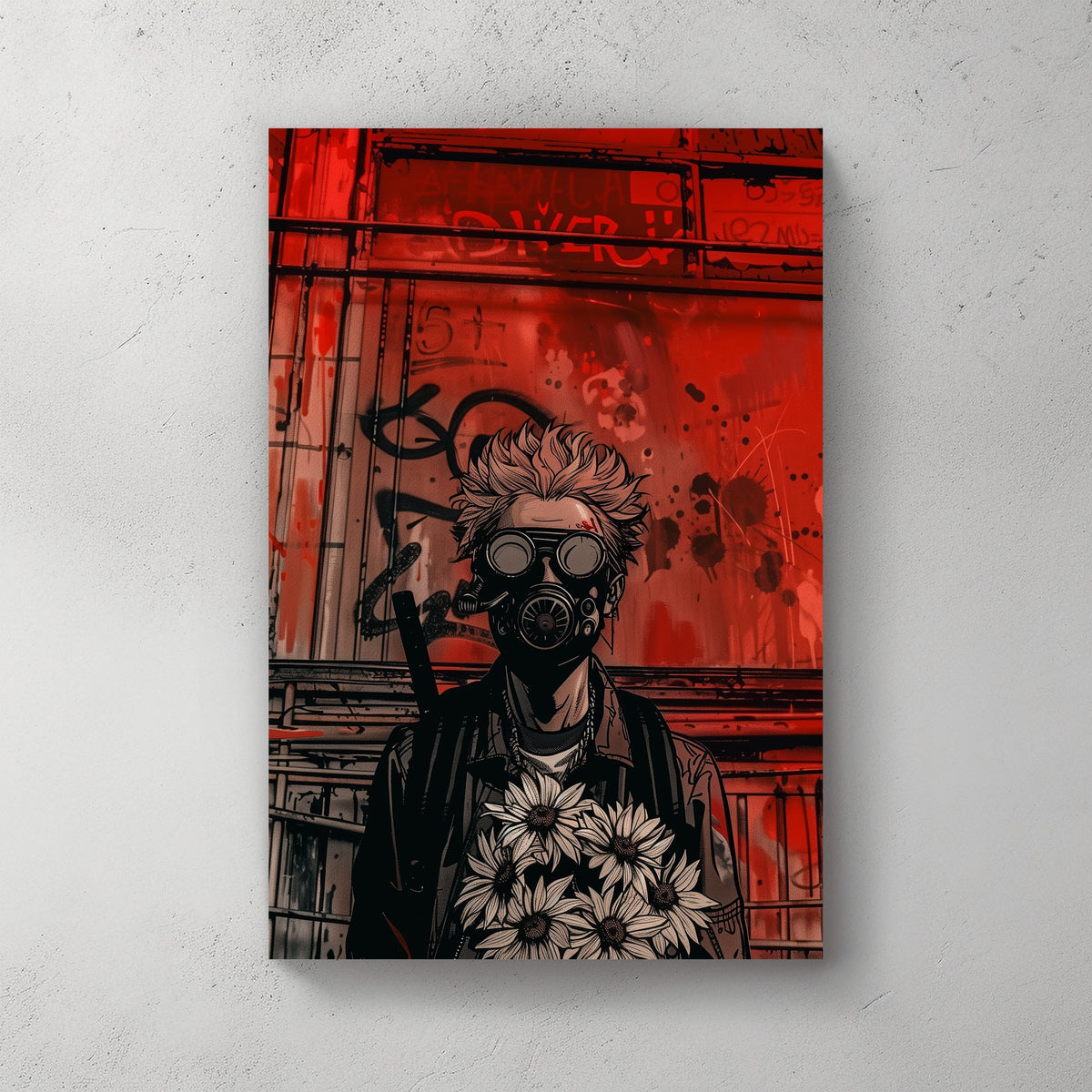 Dystopian street-art-inspired wall art of a figure in a gas mask holding a bouquet