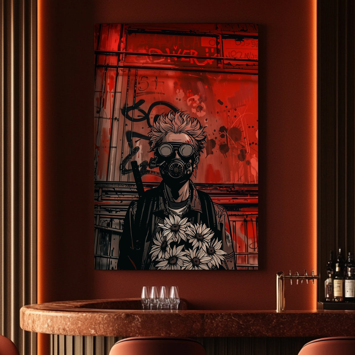 Dystopian street-art-inspired wall art of a figure in a gas mask holding a bouquet
