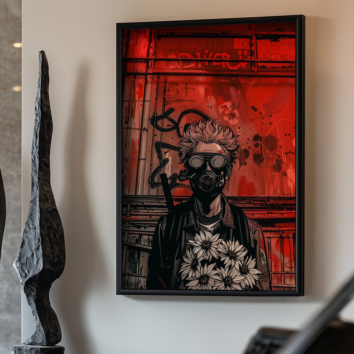Dystopian street-art-inspired wall art of a figure in a gas mask holding a bouquet