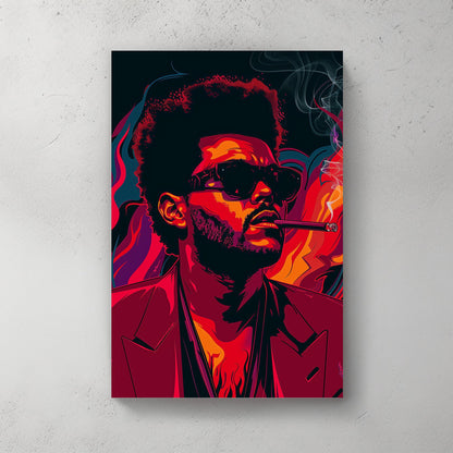 A stylized poster of The Weeknd smoking available on canvas and metal print