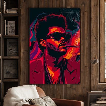 A stylized poster of The Weeknd smoking available on canvas and metal print