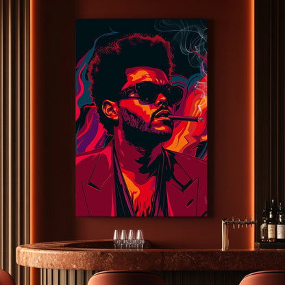 A stylized poster of The Weeknd smoking available on canvas and metal print