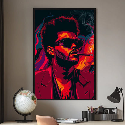 A stylized poster of The Weeknd smoking available on canvas and metal print