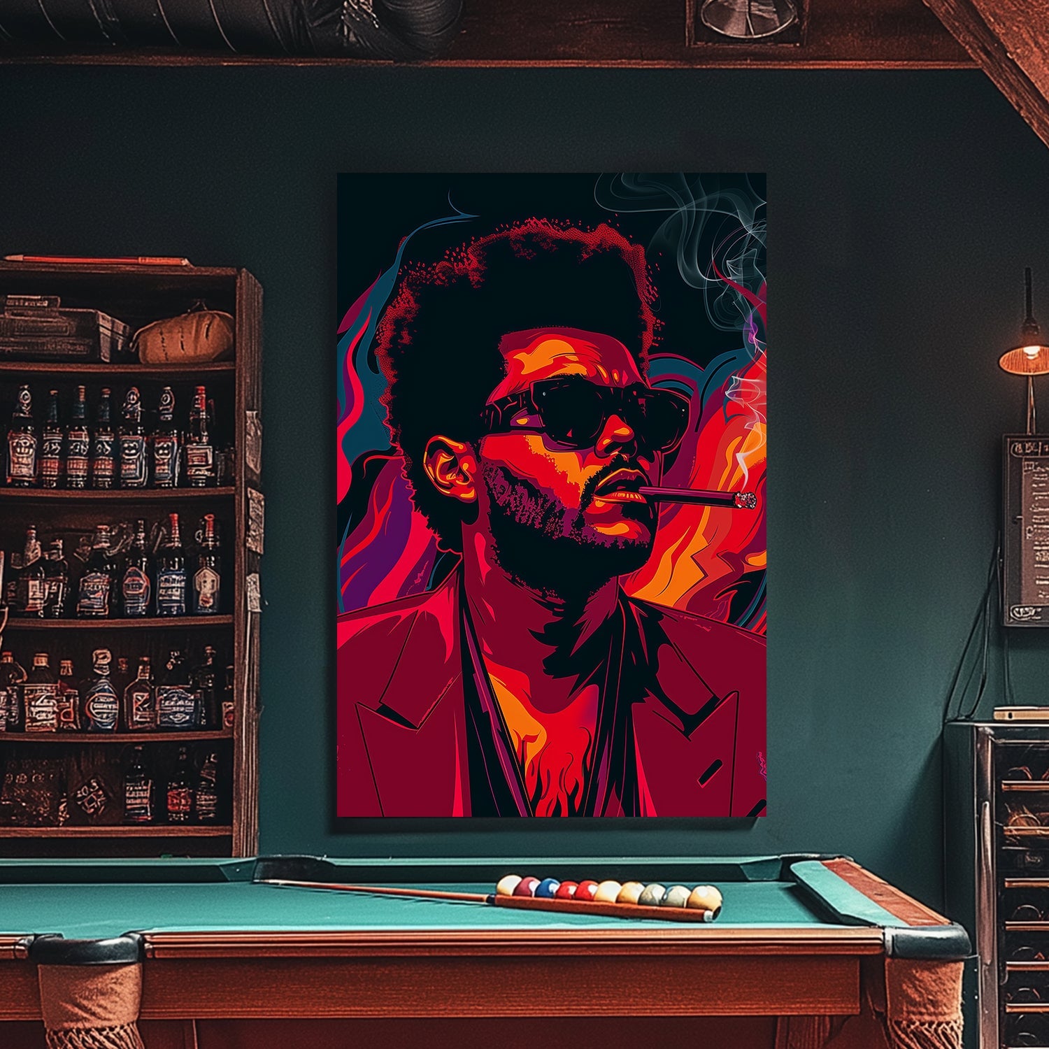 A stylized poster of The Weeknd smoking available on canvas and metal print