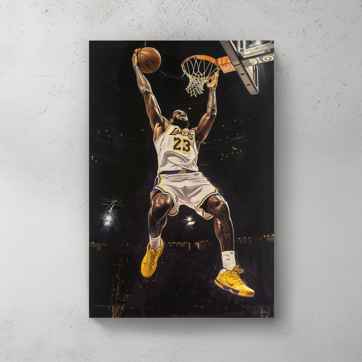 A poster of Lebron James dunking available on canvas and metal print