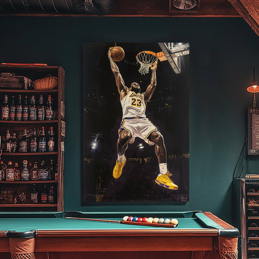 A poster of Lebron James dunking available on canvas and metal print