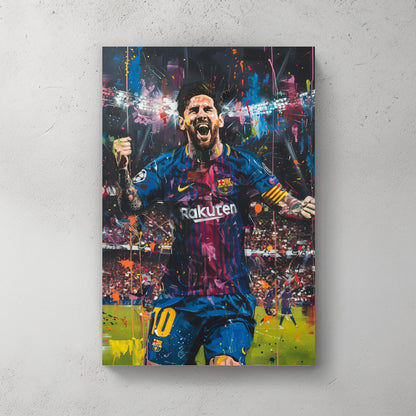 A painting of Lionel Messi celebrating a win with Barca available on canvas and metal print