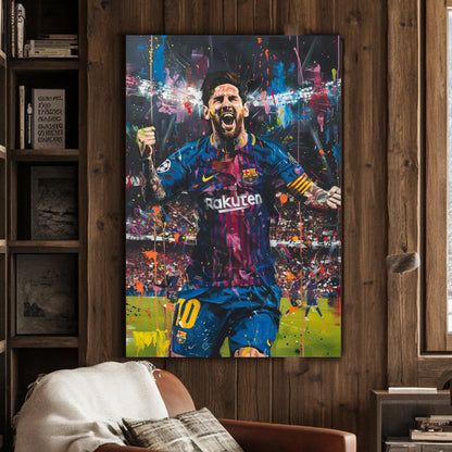 A painting of Lionel Messi celebrating a win with Barca available on canvas and metal print