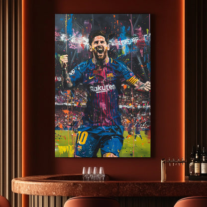 A painting of Lionel Messi celebrating a win with Barca available on canvas and metal print