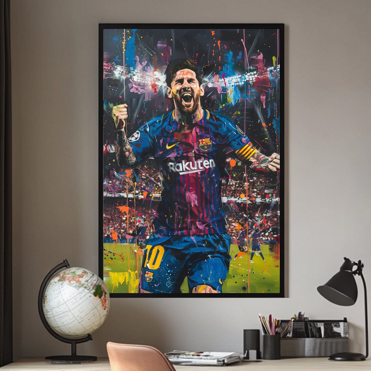 A painting of Lionel Messi celebrating a win with Barca available on canvas and metal print