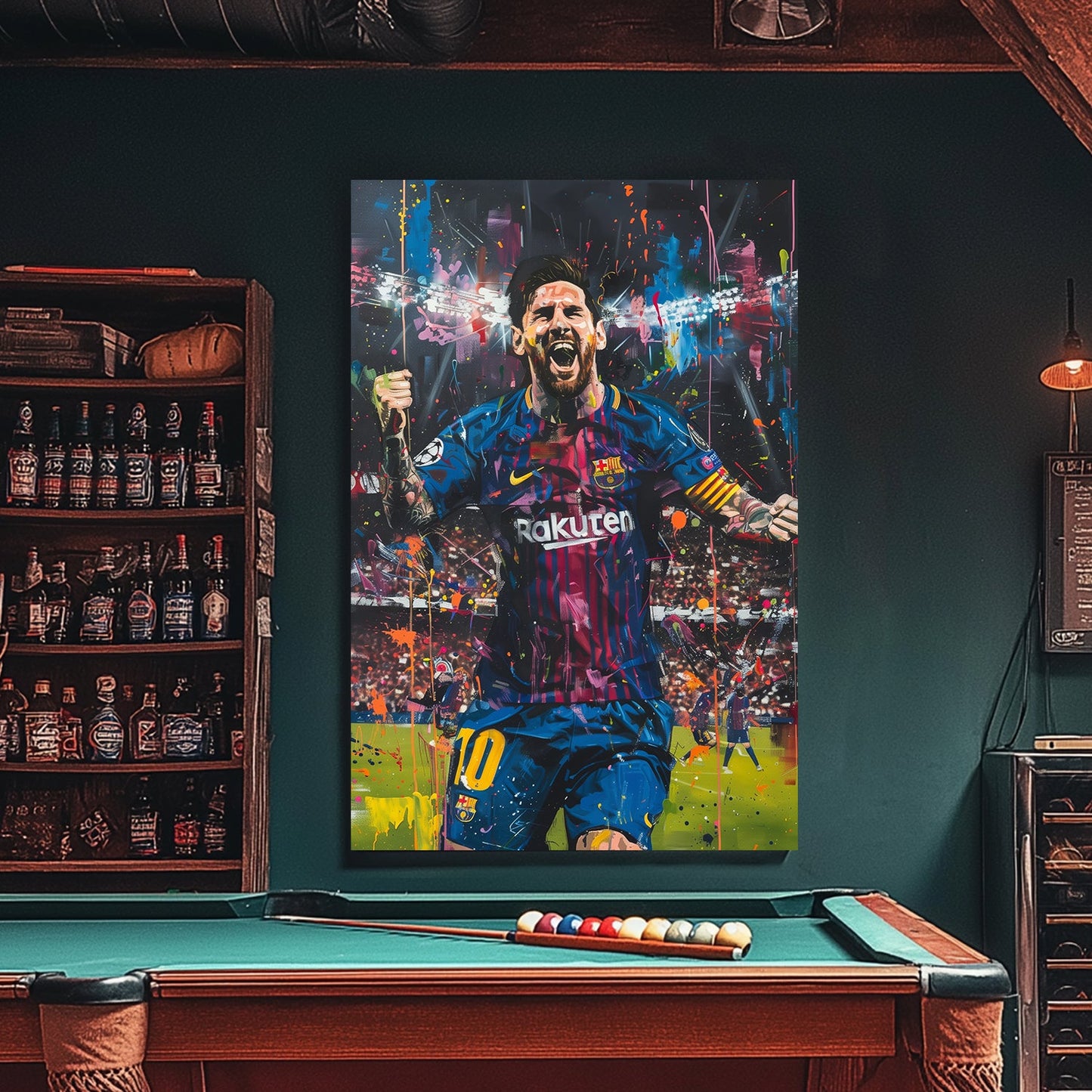 A painting of Lionel Messi celebrating a win with Barca available on canvas and metal print