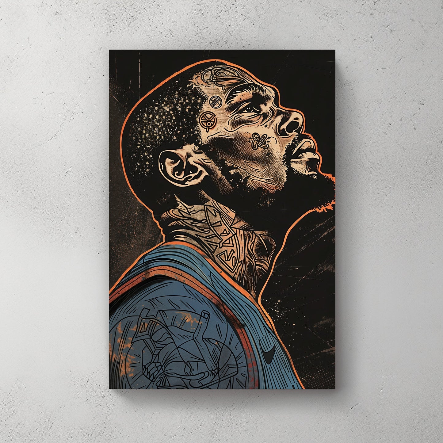 A stylized poster of Kevin Durant while on OKC available on canvas and metal print