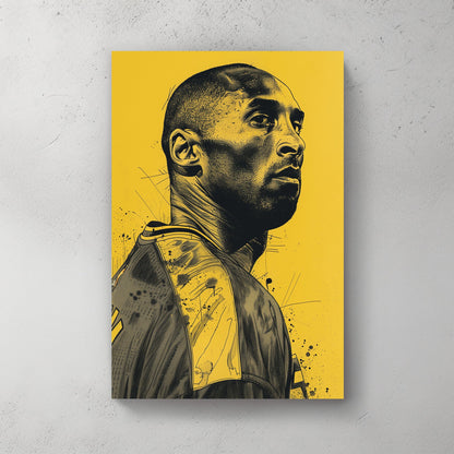 A poster of Kobe Bryant on a yellow background available on canvas and metal print