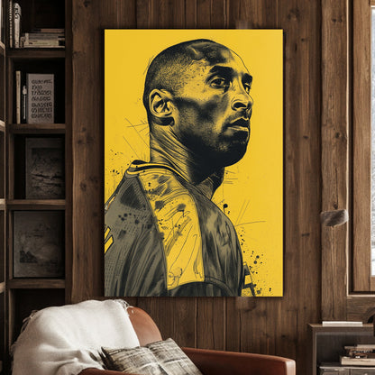 A poster of Kobe Bryant on a yellow background available on canvas and metal print