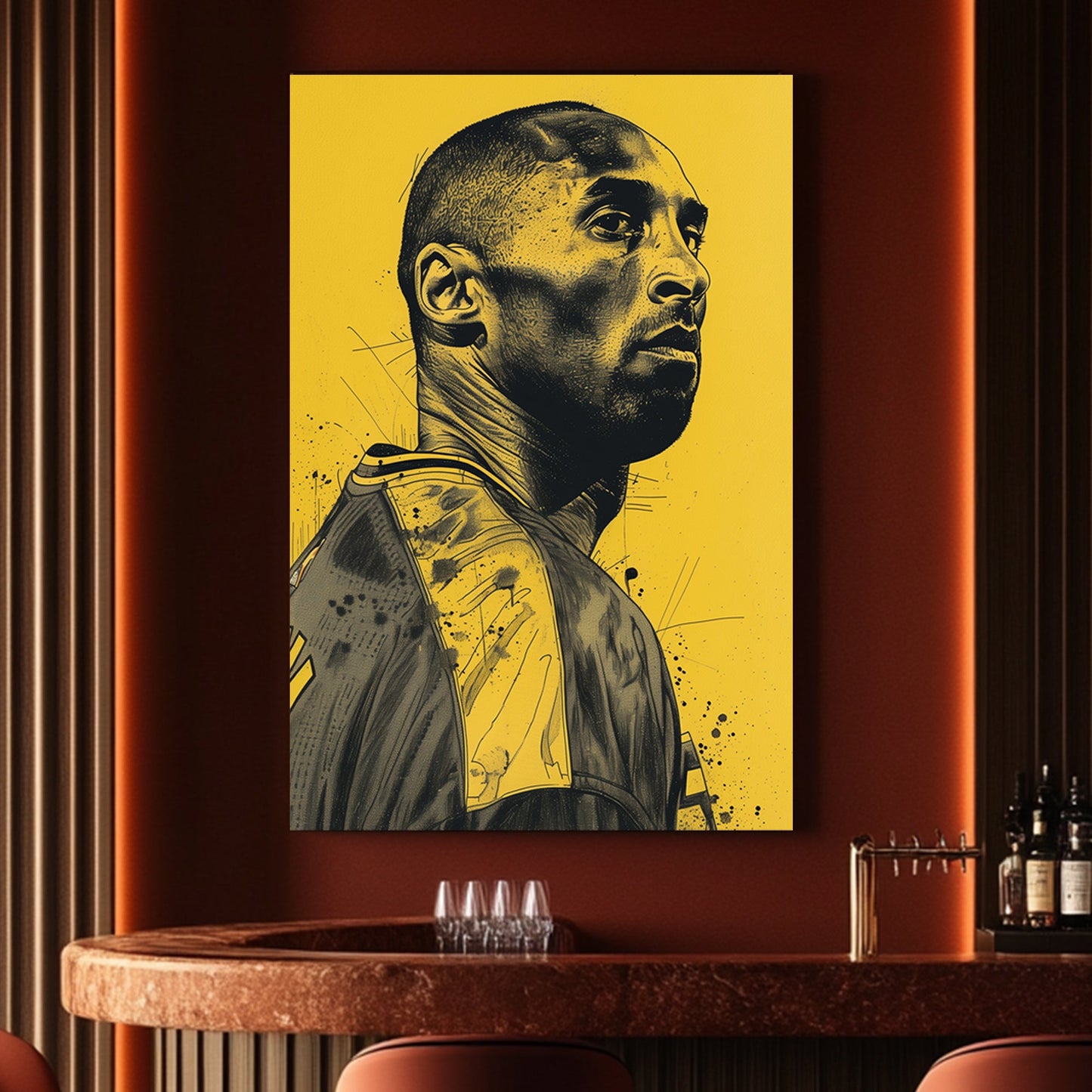 A poster of Kobe Bryant on a yellow background available on canvas and metal print