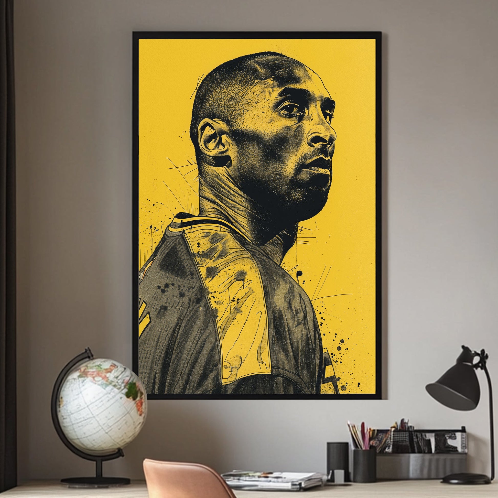 A poster of Kobe Bryant on a yellow background available on canvas and metal print