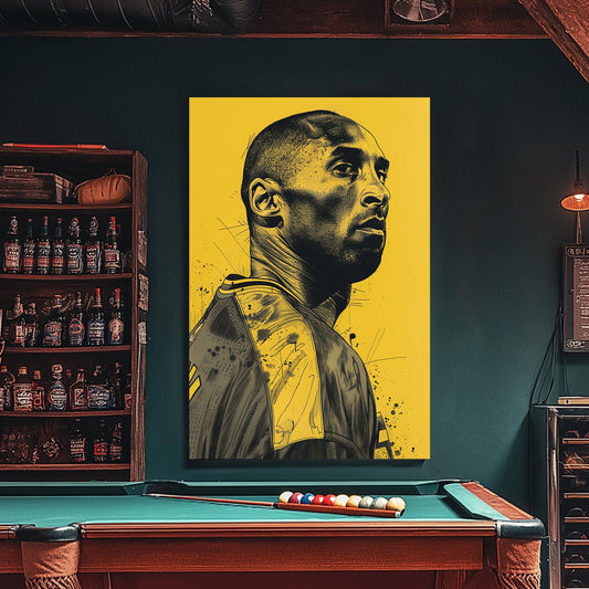 A poster of Kobe Bryant on a yellow background available on canvas and metal print