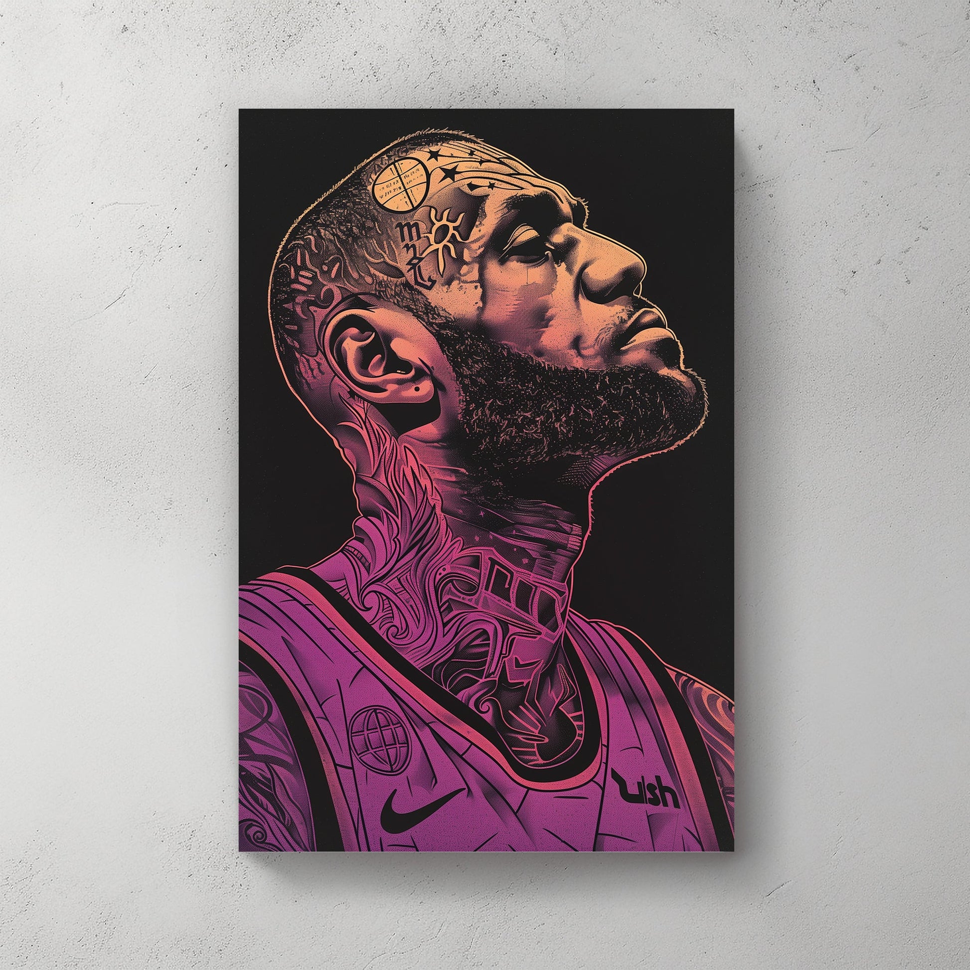 A graphic poster of Lebron James with tattoos available on canvas and metal print