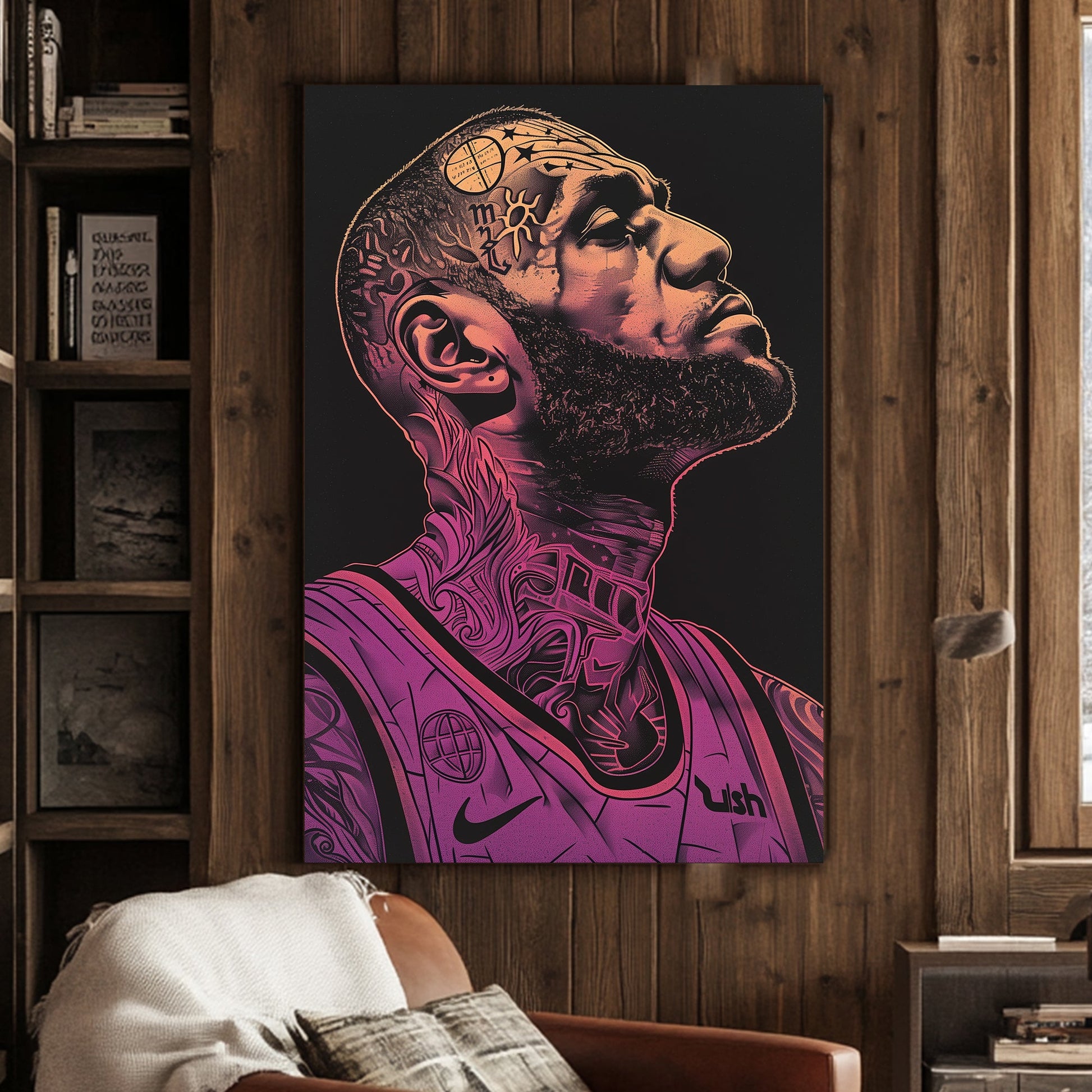 A graphic poster of Lebron James with tattoos available on canvas and metal print