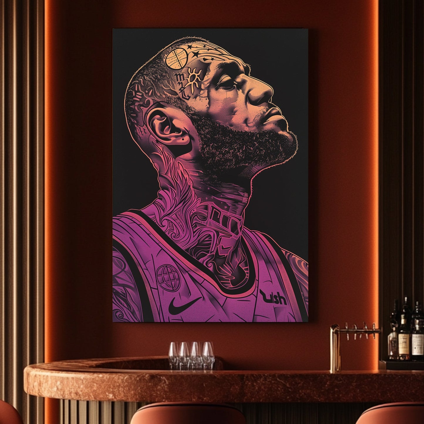 A graphic poster of Lebron James with tattoos available on canvas and metal print