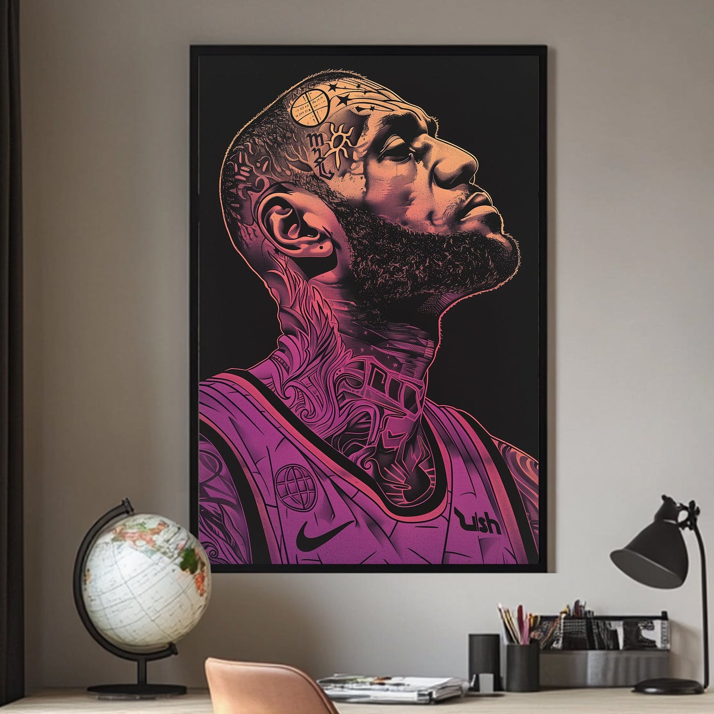 A graphic poster of Lebron James with tattoos available on canvas and metal print