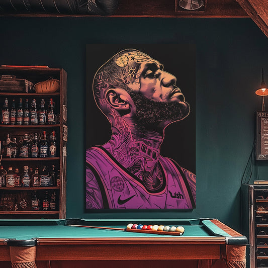 A graphic poster of Lebron James with tattoos available on canvas and metal print