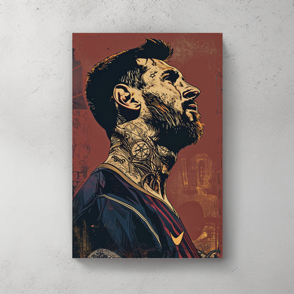 A manipulated graphic poster of Lionel Messi during his tenure in Barcelona available on canvas and metal print