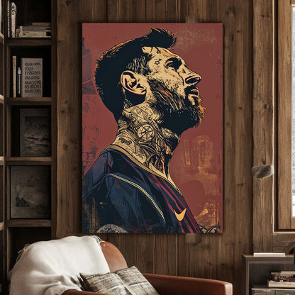 A manipulated graphic poster of Lionel Messi during his tenure in Barcelona available on canvas and metal print